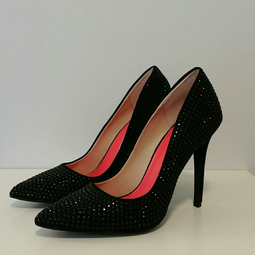 Tamar Black Microsuede Studded Heels 7 M